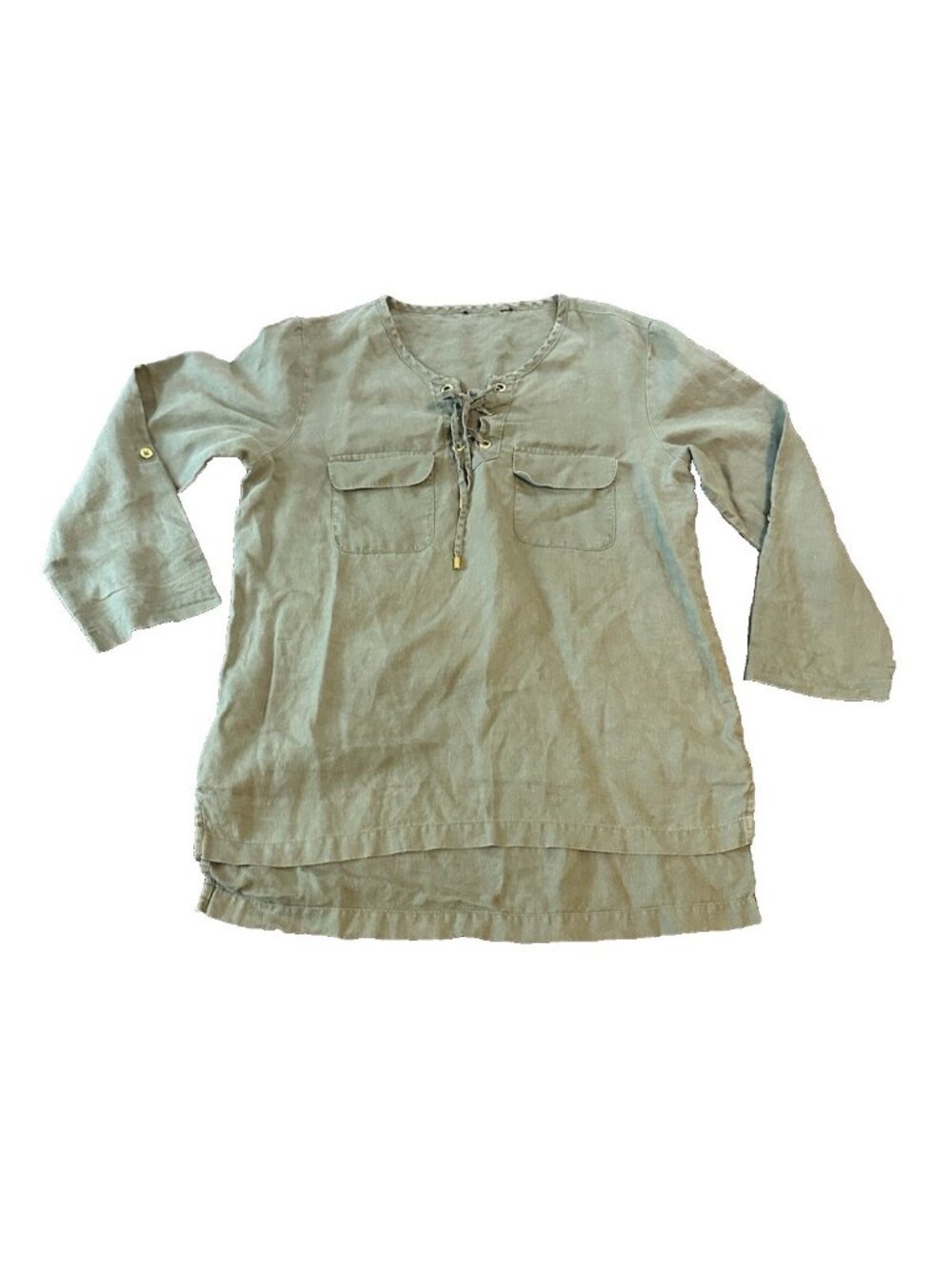 100% Linen Lace Up Tunic Womens Top XL Sage Green HIgh Low Boho Heritage Cottage